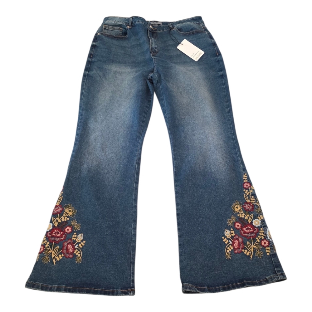 Oak & Vine Flare Wide Leg High Rise‎ Stretch Embroidered Blue Jeans Plus Size 20